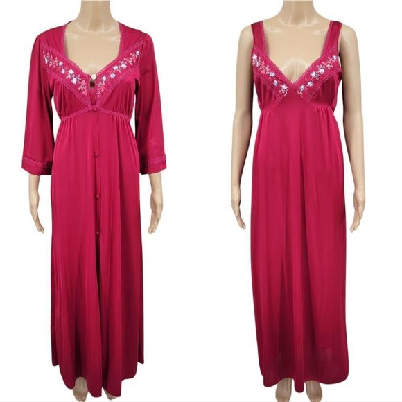 Montgomery Ward Vintage Deep Pink Nightgown and Robe Peignor Set Nylon - Picture 1 of 14